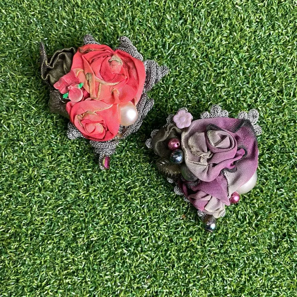 Vintage Lot Handmade Fabric Flower Corsages Brooches with Pearl and Beads